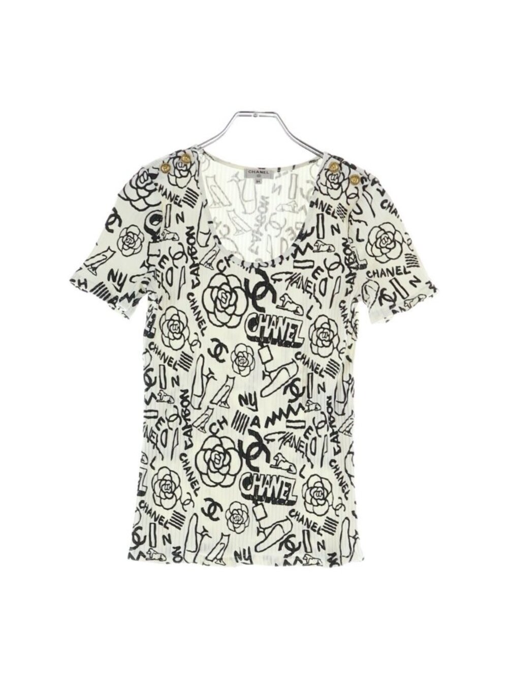 Chanel CC Logo Camellia Graphic T-Shirt White Cotton 34